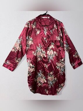 Partners Intimates Floral Satin Nightshirt Burgundy Rose Print Button Front
